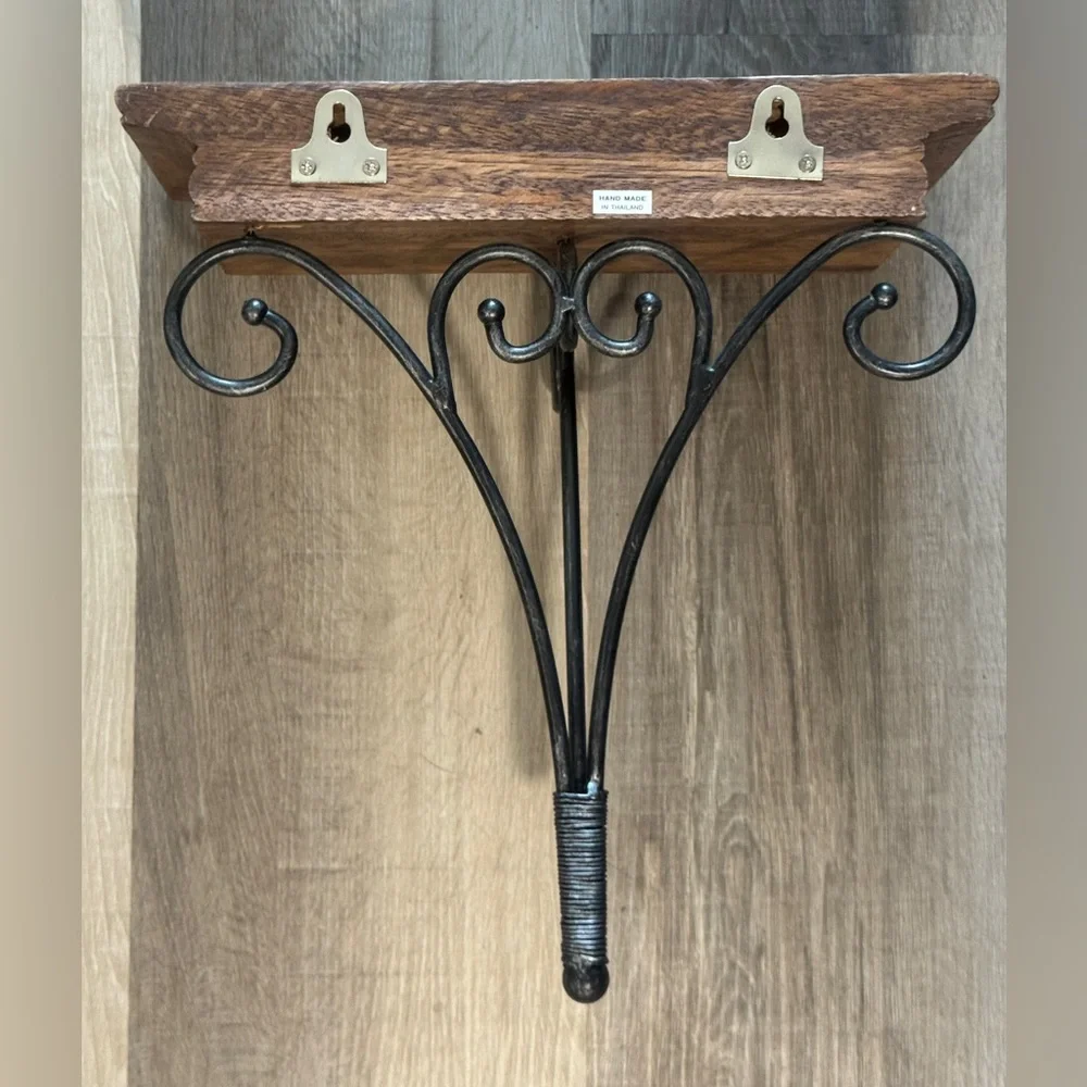 Wood and Wrought Iron Handmade Wall Shelf Bracket in Brown and Black